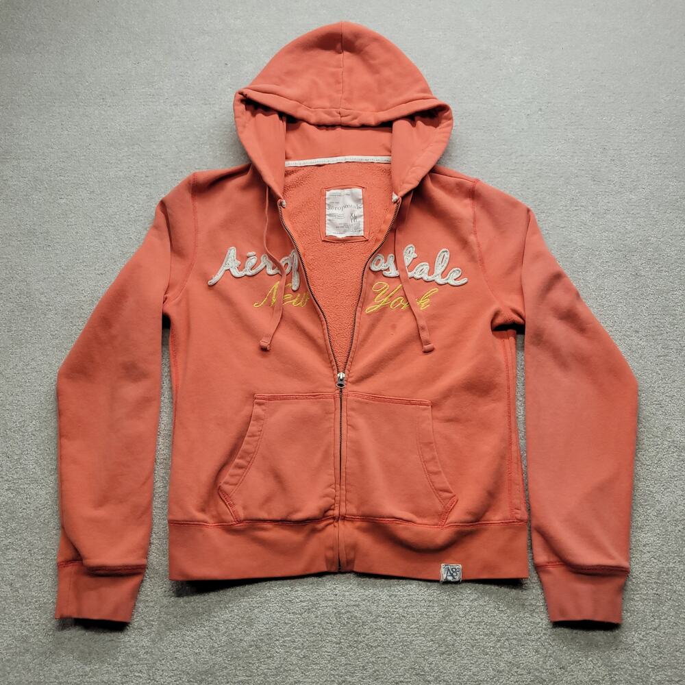 Aeropostale Womens XL Orange Full Zip Hoodie Y2K Spellout New York
